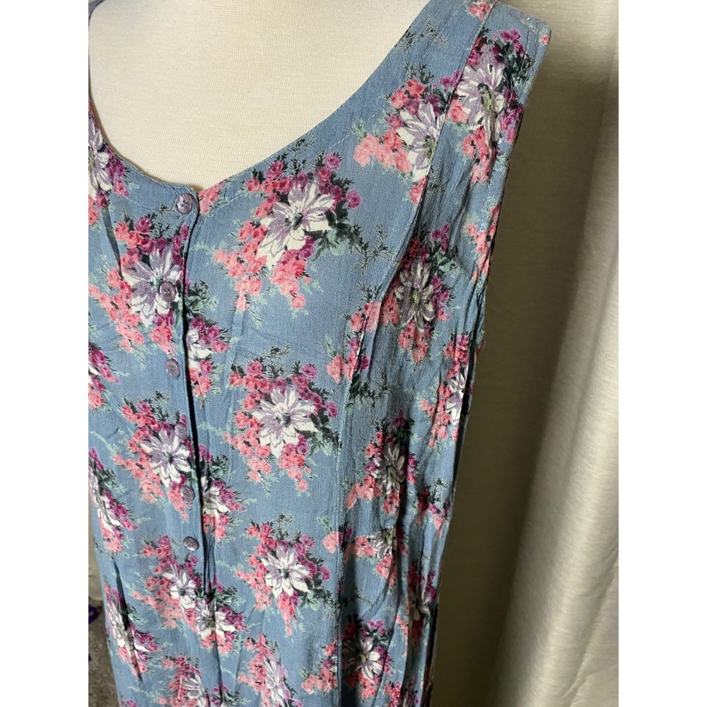 Vintage 90s M.P.H. Floral Maxi Dress Blue Pink Rayon Sleeveless Boho Medium - Picture 2 of 6